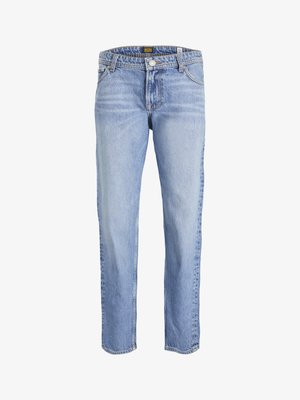 Jeans in denim azzurro chiaro con design a gamba dritta, dotati di chiusura con bottone e styling a cinque tasche. La texture leggermente sbiadita aggiunge dettagli.