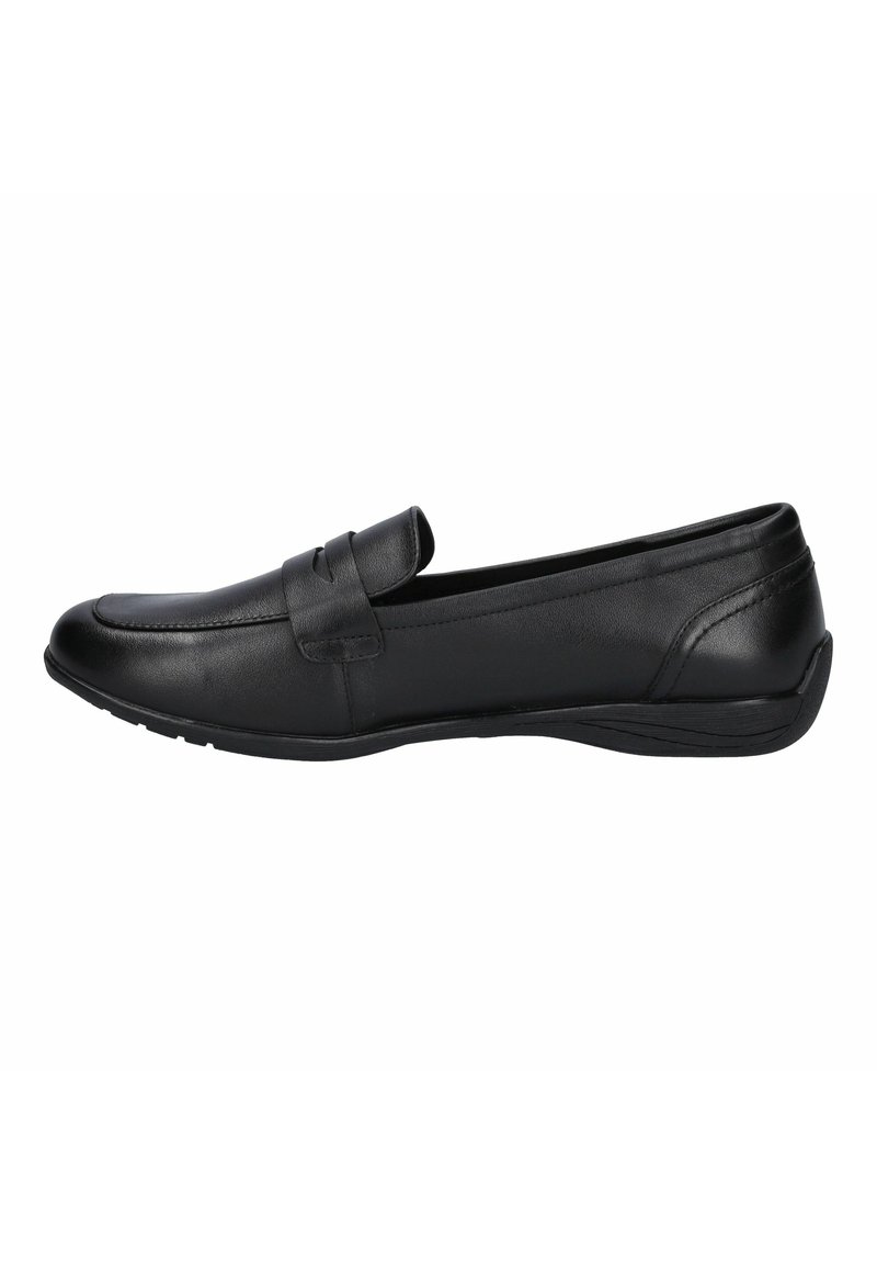 Mocasines negros de cuero suave con punta redondeada y una correa decorativa en la parte delantera. Suela de goma para tracción.