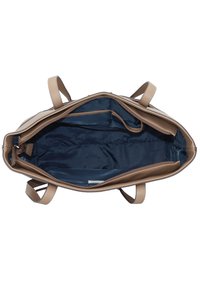 Tan leather tote bag with dual handles, featuring a navy interior lining and multiple compartments for organization.