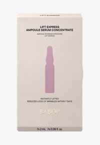 Boîte de sérum ampoule Babor Lift Express. Emballage rose doux avec du texte doré et une illustration d'ampoule violette. Contient 7 flacons de sérum de 2 mL.