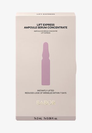 Babor Lift Express Ampullenserum-Box. Zart rosa Verpackung mit goldener Schrift und einer Illustration einer lila Ampulle. Enthält 7 x 2 ml Serumampullen.