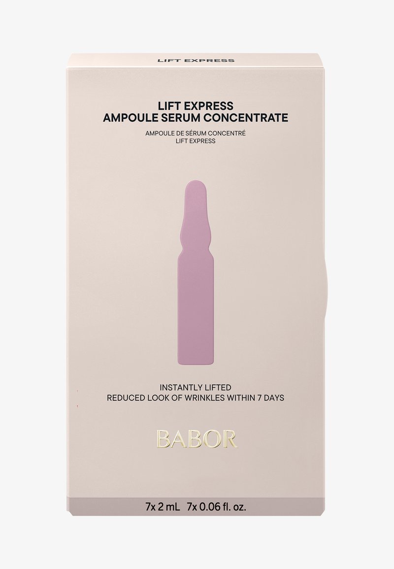 Boîte de sérum ampoule Babor Lift Express. Emballage rose doux avec du texte doré et une illustration d'ampoule violette. Contient 7 flacons de sérum de 2 mL.