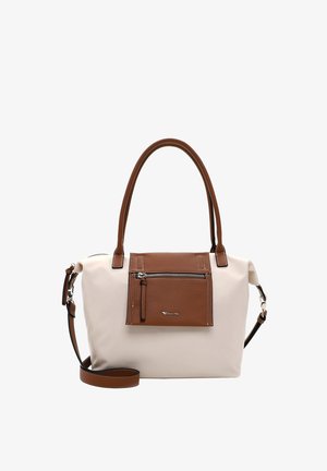 Håndtaske med en cremefarvet krop og brune læderdetaljer. Den har en frontlomme med lynlås og to håndtag samt en aftagelig skulderrem.