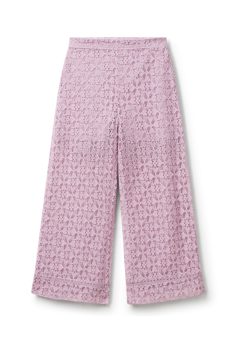 Spitzen-Culotte-Hosen in Hellrosa mit komplexen Blumenmustern, weitem Bein und strukturiertem Finish, ausgestattet mit einem taillierten Bund und Saumdetails.