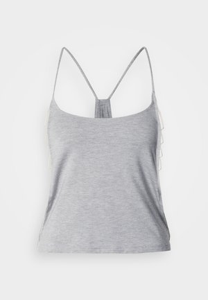 Grey sleeveless top with thin straps and a racerback design. Features subtle textured fabric and decorative accents along the sides.