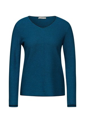 Top de manga larga en azul oscuro con textura acanalada horizontal. El diseño de cuello en V presenta un ribete en contraste a lo largo del escote y el dobladillo.
