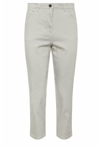 Pantalones de algodón gris claro con corte recto, que cuentan con cierre de botón, dos bolsillos delanteros y detalles de costura sutiles.