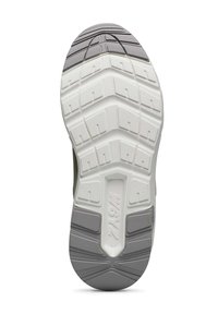 Lättviktig atletisk skosula med ett texturerat mönster, som har vita och grå gummimaterial, formad för grepp och flexibilitet.