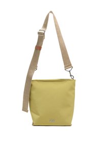 Borsa a spalla in tessuto giallo con superficie liscia, tracolla beige regolabile e finiture in argento che presentano un logo sulla parte anteriore.