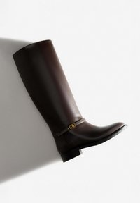 Brązowe skórzane kozaki za kolano o gładkim wykończeniu, zaokrąglonym czubku i dekoracyjnym złotym akcentem przy kostce. Płaska podeszwa, minimalistyczny design.