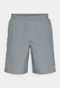 Graue Sportshorts mit elastischem Bund, Seitentaschen und einem weißen Logo auf der unteren linken Seite. Glattes, leichtes Material.