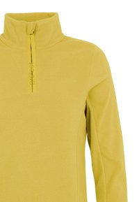 Pullover in pile giallo con zip a mezza lunghezza, colletto alto e logo sul lato sinistro del petto. Texture morbida, design leggero adatto per essere indossato a strati.