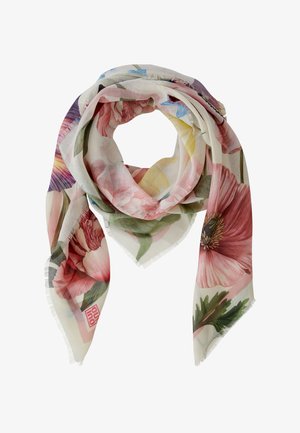 Leichter Schal mit Blumenmuster in Rosa, Rot und Gelb und grünen Blättern, sanft gefaltet mit fransigen Rändern.