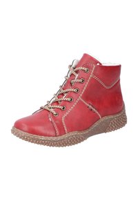 Rote Leder-Ankle-Boots mit strukturiertem Gummisohle, beigen Schnürsenkeln und sichtbarem Seitennähten. Gefüttertes Innenleben für zusätzlichen Komfort.