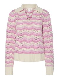 Maglione in maglia con scollo a V e colletto corto, con un motivo ondulato in rosa e crema. Testurizzato, con polsini e orlo a coste.