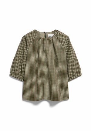 Grün-braune karierte Bluse mit dreiviertellangen Puffärmeln, gerafftem Ausschnitt und Knopfverschluss auf der Rückseite.
