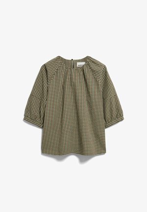 Blouse à carreaux verts et marron avec manches trois-quarts bouffantes, encolure froncée et fermeture à boutons dans le dos.