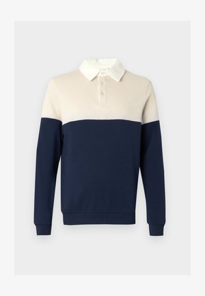 Marškinėliai ilgomis rankovėmis su baltu apykaklės ir viršutinės dalies, tamsiai mėlynos apatinės dalies ir rankovių, priekyje su sagų sąvarža.