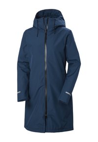 Marineblauwe waterdichte jas met capuchon, rits aan de voorkant en reflecterende accenten op de mouwen. Heeft een gladde, matte afwerking en een lange, relaxte pasvorm.