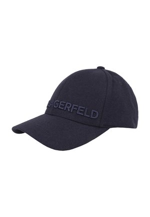 Donkerblauwe baseballpet met gebogen klep en verhoogd geborduurd "LAGERFELD"-logo op het voorpaneel.