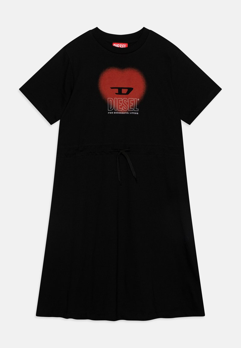 Black t-shirt dress made from cotton, featuring short sleeves, a cinched waist with a drawstring, and a red heart graphic with "DIESEL" logo.