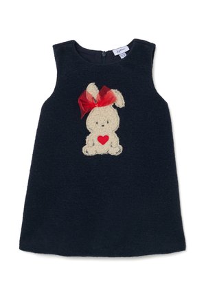 Robe sans manches bleu marine au toucher moelleux, ornée d'une appliqué de lapin crème avec un nœud rouge et un motif de cœur. Fermeture éclair au dos.
