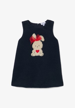 Vestido sin mangas de color azul marino con textura suave, que presenta un apliqué de conejo en color crema con un lazo rojo y detalle de corazón. Cierre de cremallera en la parte posterior.