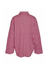 Red and pink striped shirt with a collar, long sleeves, and a loose fit. Features a curved hem and simple cuff detail.
