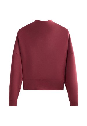 Bordeauxkleurige cropped sweatshirt met lange mouwen, ronde halslijn en een gladde textuur. Heeft een eenvoudige, effen kleur zonder extra patronen.