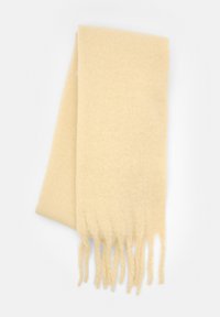 Beige Wollschal mit weicher Textur, mit Fransenverzierungen an den Enden. Gefaltet und vor einem hellen Hintergrund präsentiert.