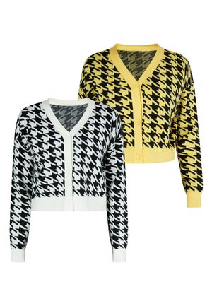 Deux cardigans boutonnés avec un motif pied-de-poule, l'un blanc et noir, l'autre jaune et noir, tous deux avec un col en V et des manches longues.