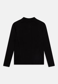 Black long-sleeve top with a high collar, ribbed texture, and raglan sleeves. Smooth finish with minimal stitching details.
