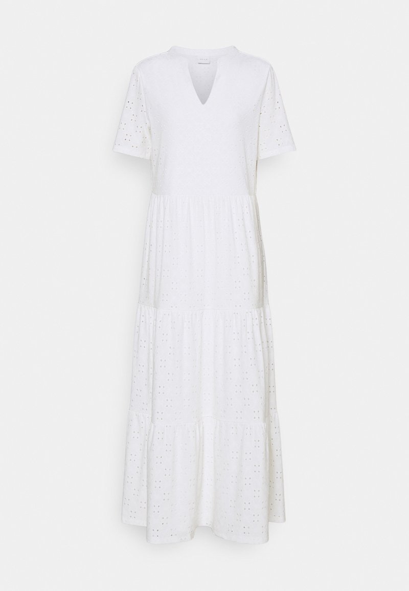 Robe midi blanche avec manches courtes, col en V, jupe à volants et motif subtil à œillets sur tout le tissu.