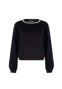 Sweatshirt nero corto con maniche lunghe, dotato di una decorativa scollatura con perline di cristallo e polsini e orlo a coste. Tessuto morbido.
