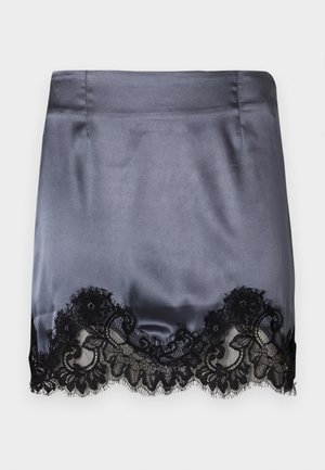 Gray satin mini skirt with a black lace trim at the hem featuring floral patterns. Smooth texture, fitted design, and clean seams.