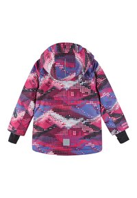 Chaqueta de invierno colorida con capucha, una mezcla de patrones en rosa, azul y negro con un diseño punteado, puños elásticos y un parche con el logo.