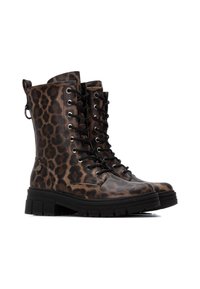 Botas de tobillo con estampado de leopardo en cuero sintético, con diseño de cordones, ojetes metálicos, suela de goma resistente y una lengüeta en la parte posterior.
