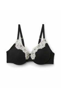 Zwarte onderwired bra met lichte kantafwerking aan de bovenkant, gestructureerde stof, verstelbare bandjes en een gladde afwerking op de cups.