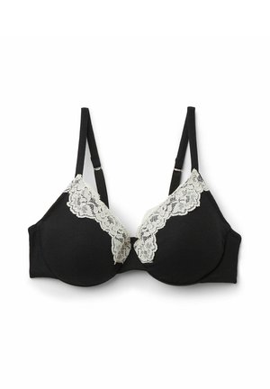 Soutien-gorge noir à armatures avec une légère dentelle sur le dessus, tissu texturé, bretelles réglables et finition lisse sur les bonnets.