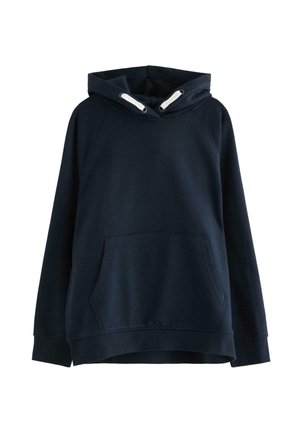 Marineblauer Kapuzenpullover mit Kängurutasche vorne, gerippten Bündchen und Saum sowie weißen Kordelzügen an der Kapuze.