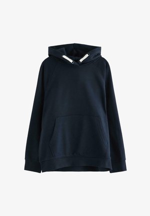 Marineblå pullover-hoodie med front-kængurulomme, ribstrikkede manchetter og kant samt hvide snørebånd på hætten.