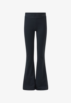 Leggings noirs taille haute avec un bas évasé et un petit logo de la marque sur la ceinture.