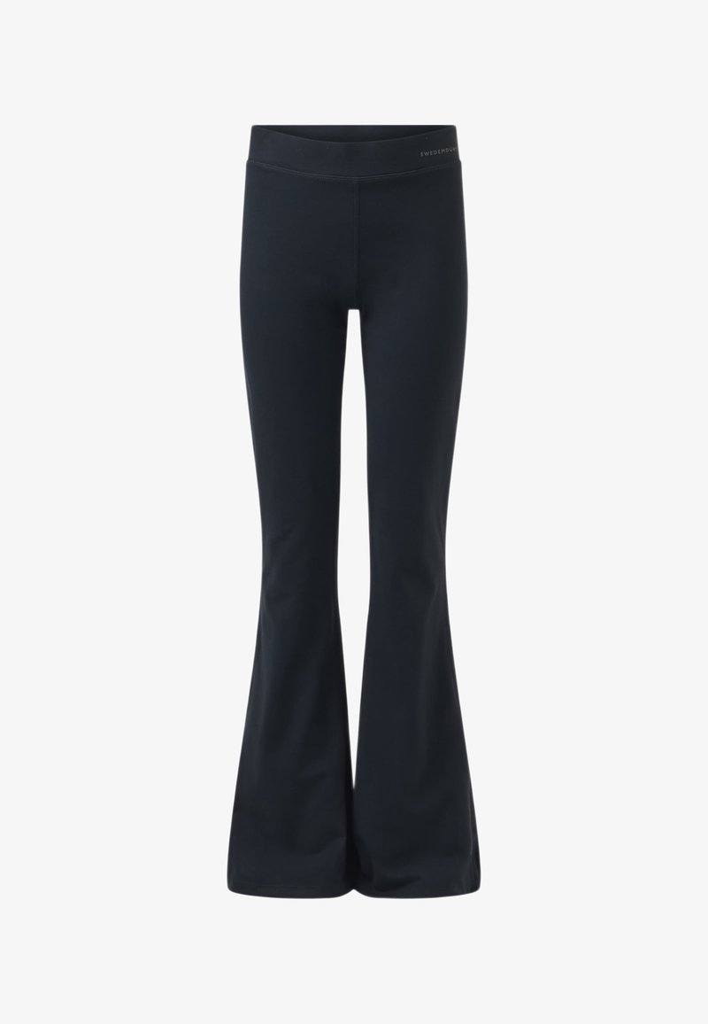Leggings noirs taille haute avec un bas évasé et un petit logo de la marque sur la ceinture.