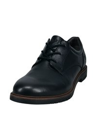 Schwarze Lederschuhe mit glatter Oberfläche, runder Zehenform und kontrastierender brauner Sohle. Mit Schnürsenkeln und dekorativer Naht.
