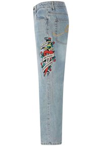 Lichtblauwe denim jeans met een rechte pasvorm. Kenmerkt zich door een kleurrijke geborduurde afbeelding met een zwaard en een banner met de tekst "DODEN VOOR ONEER."