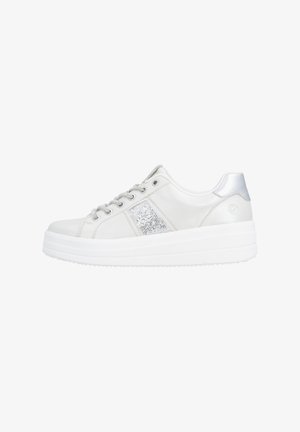 White platform sneaker with silver glitter stripe, silver laces, and metallic heel detail, viewed from the outer side.