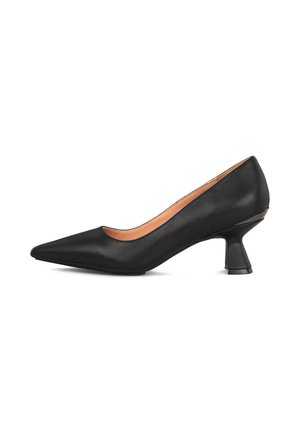 Zapato de salón negro de cuero con punta afilada y tacón bajo y robusto. Textura suave con un ligero brillo y un diseño minimalista.