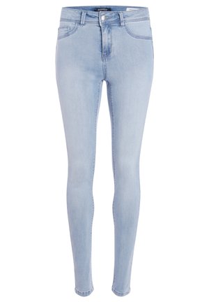 Jeans skinny de mezclilla azul claro con una cintura alta, cinco bolsillos y cierre de botón y cremallera. Textura suave sin patrones.