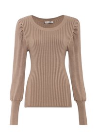 Pull côtelé tricoté en marron clair. Doté de manches longues avec un détail froncé aux épaules. Silhouette ajustée et encolure ronde.