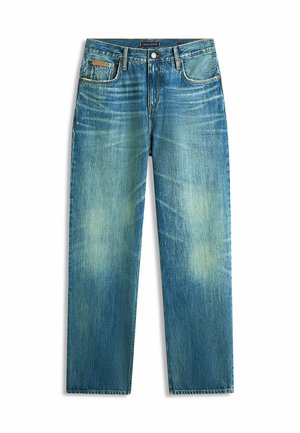 Vaqueros de mezclilla de color azul claro, de pierna recta, con áreas desgastadas, costuras en contraste y un parche de cuero en la cinturilla. Diseño clásico de cinco bolsillos.